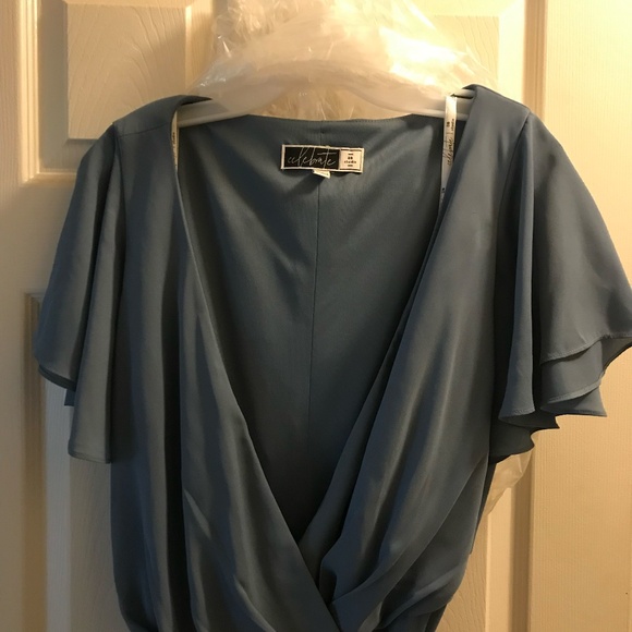 FLUTTER SLEEVE GEORGETTE WRAP BRIDESMAID DRESS, STEEL BLUE, SIZE 20 - Picture 2 of 6